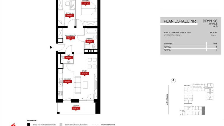 Rzut - Mieszkanie na sprzedaż 3 pokoje o powierzchni 64,76 m² - numer BR11/26 w Browary Wrocławskie 2