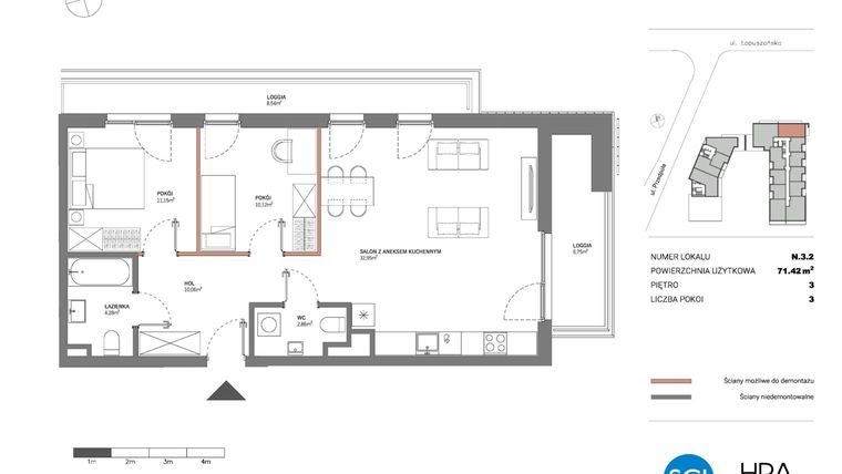 Rzut - Mieszkanie na sprzedaż 3 pokoje o powierzchni 71,42 m² - numer N.3.2 w Łopuszańska 47 - etap 4