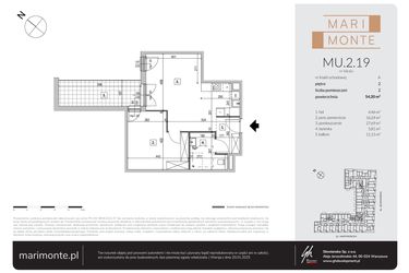 Rzut - Mieszkanie na sprzedaż 2 pokoje o powierzchni 54,2 m² - numer MU.2.19 w Marimonte - apartamenty inwestycyjne
