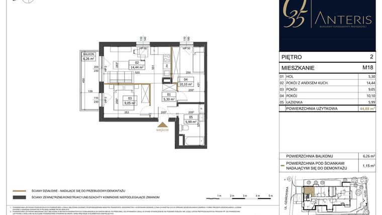 Rzut - Mieszkanie na sprzedaż 3 pokoje o powierzchni 44,88 m² - numer M.18 w Ożarowska 35
