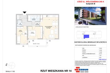 Rzut - Mieszkanie na sprzedaż 3 pokoje o powierzchni 69,58 m² - numer B.14 w Wólczańska 248 - etap II