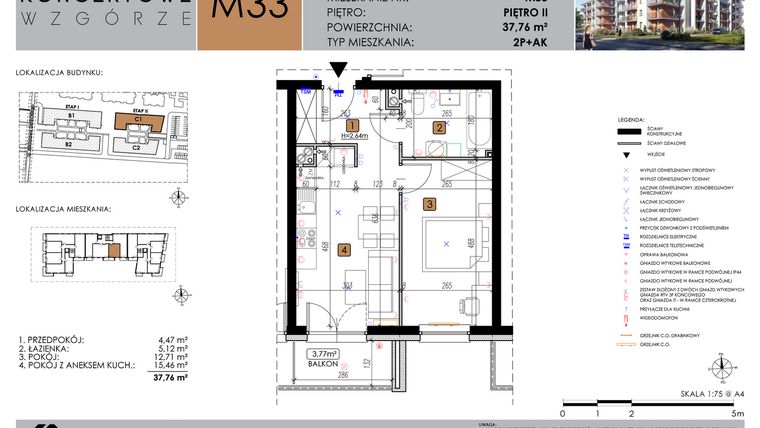 Rzut - Mieszkanie na sprzedaż 2 pokoje o powierzchni 37,76 m² - numer C1_M33 w Koncertowe Wzgórze etap II