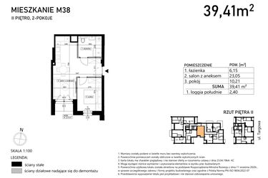 Rzut - Mieszkanie na sprzedaż 2 pokoje o powierzchni 39,41 m² - numer M38 w Finezja