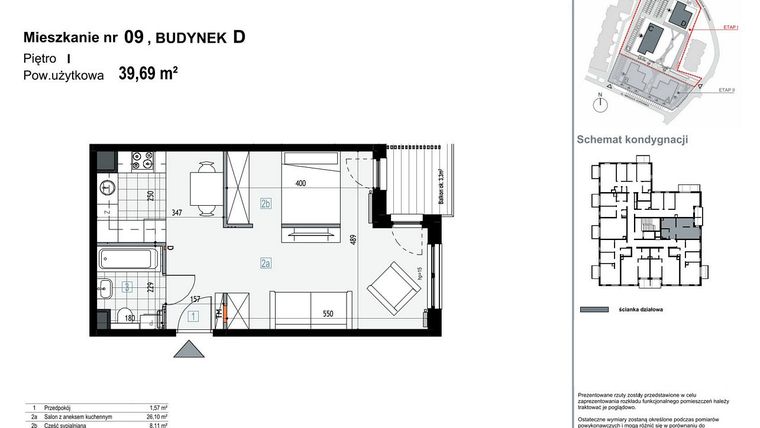 Rzut - Mieszkanie na sprzedaż 1 pokój o powierzchni 39,67 m² - numer D9 w Apartamenty Kopernika
