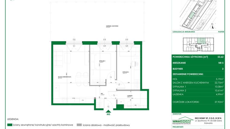 Rzut - Mieszkanie na sprzedaż 3 pokoje o powierzchni 53,27 m² - numer 2.5 w Osiedle Polna