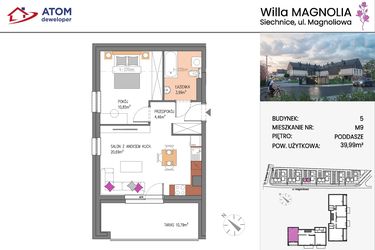 Rzut - Mieszkanie na sprzedaż 2 pokoje o powierzchni 39,99 m² - numer Bud.5-9 w Willa Magnolia