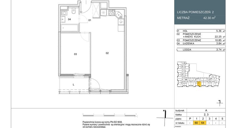 Rzut - Mieszkanie na sprzedaż 2 pokoje o powierzchni 42,3 m² - numer L60 w Morwowa 5 - Apartamenty inwestycyjne