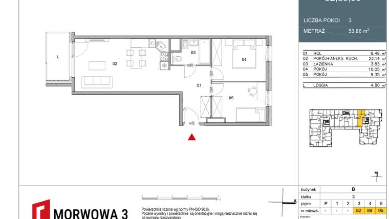 Rzut - Mieszkanie na sprzedaż 3 pokoje o powierzchni 53,86 m² - numer 95 w Morwowa 3