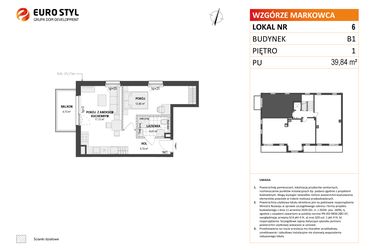 Rzut - Mieszkanie na sprzedaż 2 pokoje o powierzchni 39,84 m² - numer B1 6 w Wzgórze Markowca
