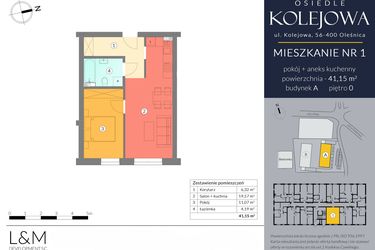 Rzut - Mieszkanie na sprzedaż 2 pokoje o powierzchni 41,15 m² - numer A.1 w Osiedle Kolejowa