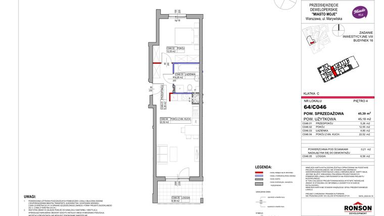Rzut - Mieszkanie na sprzedaż 2 pokoje o powierzchni 45,39 m² - numer 16_C046 w Miasto Moje 8