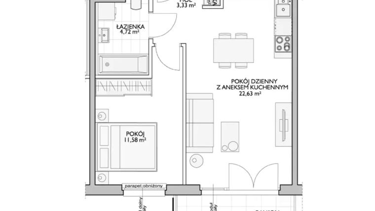 Rzut - Mieszkanie na sprzedaż 2 pokoje o powierzchni 44,01 m² - numer WO/P33/11 w Wiszące Ogrody
