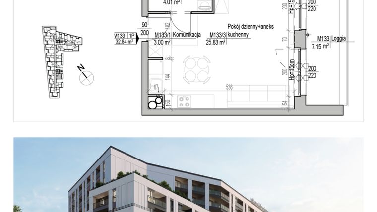Rzut - Mieszkanie na sprzedaż 1 pokój o powierzchni 32,84 m² - numer 133 w Aleja