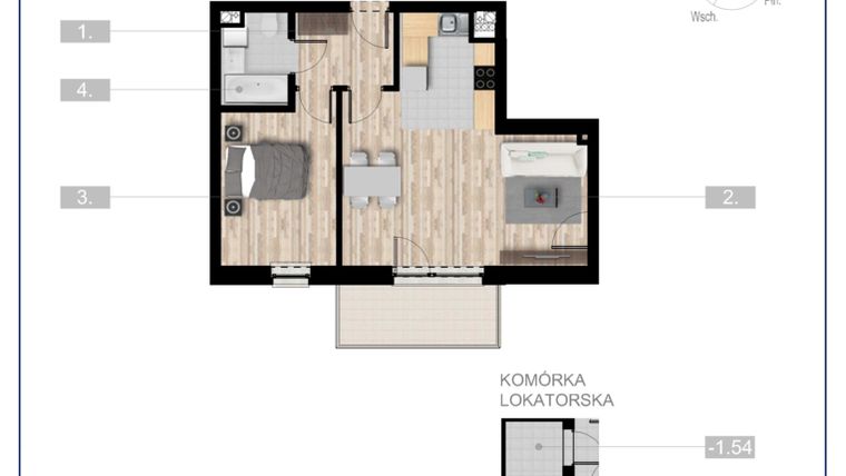 Rzut - Mieszkanie na sprzedaż 2 pokoje o powierzchni 48,32 m² - numer 16 w Szczytno Dąbrowskiego - etap 3