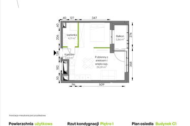 Rzut - Mieszkanie na sprzedaż 1 pokój o powierzchni 35,89 m² - numer C1/01/26 w WUWA Vita