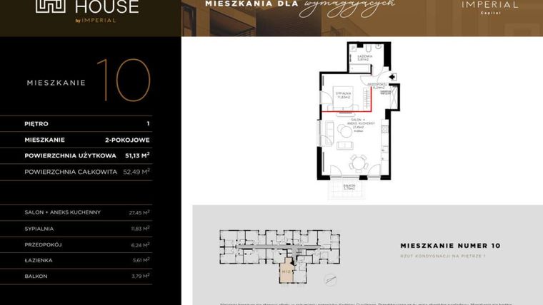 Rzut - Mieszkanie na sprzedaż 2 pokoje o powierzchni 51,13 m² - numer 10 w Kobi HOUSE