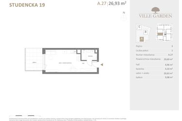 Rzut - Mieszkanie na sprzedaż 1 pokój o powierzchni 29,69 m² - numer A.27 w Ville Garden