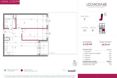Rzut - Mieszkanie na sprzedaż 3 pokoje o powierzchni 63,19 m² - numer 2.1/0/M5 w Lechicka 65