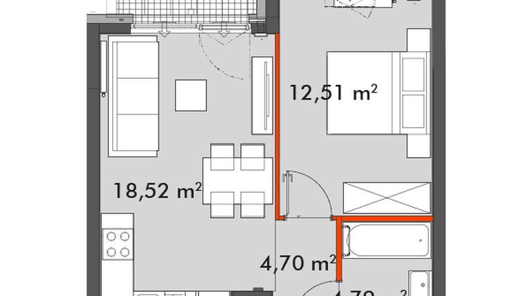 Rzut - Mieszkanie na sprzedaż 2 pokoje o powierzchni 40,52 m² - numer F1.A.03.02 w Splot Wola