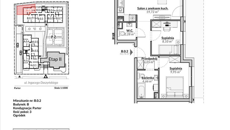 Rzut - Mieszkanie na sprzedaż 3 pokoje o powierzchni 50,76 m² - numer B.0.2 w Nowa Fregata