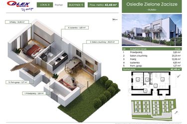Rzut - Mieszkanie na sprzedaż 2 pokoje o powierzchni 42,48 m² - numer 5B w Rumia Osiedle Zielone Zacisze