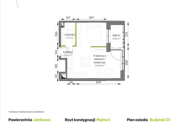 Rzut - Mieszkanie na sprzedaż 1 pokój o powierzchni 35,89 m² - numer C1/02/39 w WUWA Vita