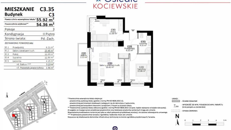 Rzut - Mieszkanie na sprzedaż 3 pokoje o powierzchni 54,36 m² - numer C3.35 w Osiedle Kociewskie etap III