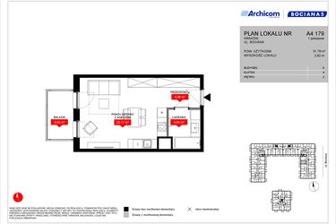 Rzut - Mieszkanie na sprzedaż 1 pokój o powierzchni 31,79 m² - numer A4 179 w Osiedle Bociana 5