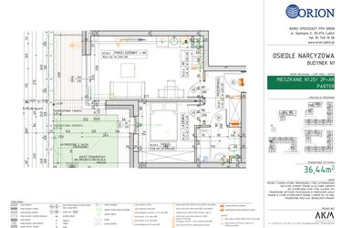 Rzut - Mieszkanie na sprzedaż 2 pokoje o powierzchni 36,44 m² - numer N1.20 w Osiedle Narcyzowe etap 2