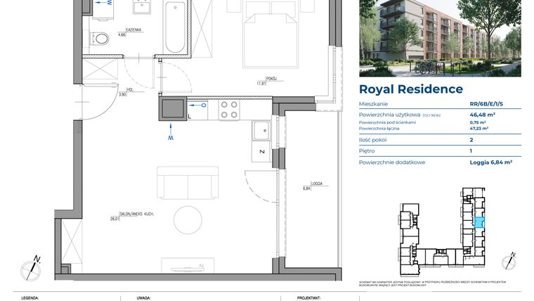 Rzut - Mieszkanie na sprzedaż 2 pokoje o powierzchni 46,48 m² - numer RR/6B/E/1/5 w Royal Residence 6B