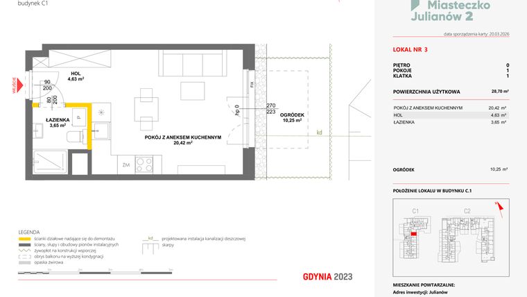 Rzut - Mieszkanie na sprzedaż 1 pokój o powierzchni 28,7 m² - numer 3 w Miasteczko Julianów etap 2