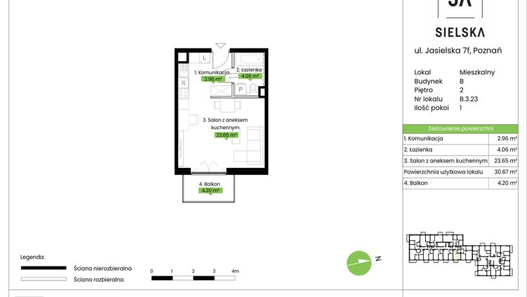 Rzut - Mieszkanie na sprzedaż 1 pokój o powierzchni 30,67 m² - numer B.3.23 w JA_SIELSKA V