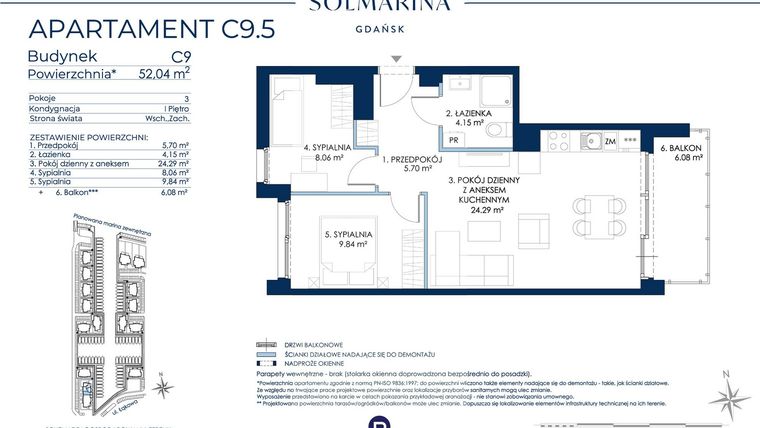 Rzut - Mieszkanie na sprzedaż 3 pokoje o powierzchni 52,04 m² - numer C9.5 w Sol Marina etap III
