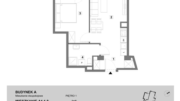 Rzut - Mieszkanie na sprzedaż 2 pokoje o powierzchni 43,99 m² - numer A1.1.8 w ATAL Grabiszyn