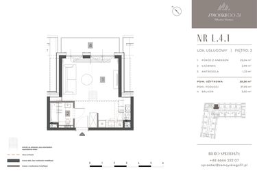 Rzut - Mieszkanie na sprzedaż 1 pokój o powierzchni 29,36 m² - numer L.4.1 w Zamoyskiego 31