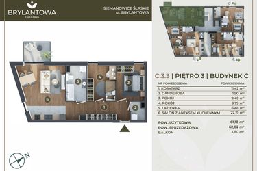 Rzut - Mieszkanie na sprzedaż 3 pokoje o powierzchni 61,18 m² - numer C.3.3 w Brylantowa Enklawa bud. C