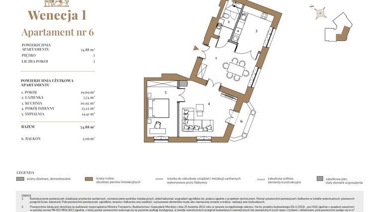 Rzut - Mieszkanie na sprzedaż 3 pokoje o powierzchni 74,88 m² - numer 6 w Wenecja 1