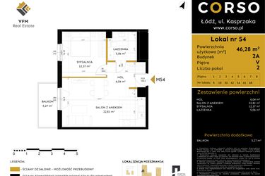 Rzut - Mieszkanie na sprzedaż 2 pokoje o powierzchni 46,28 m² - numer 2A.54 w Corso etap 2