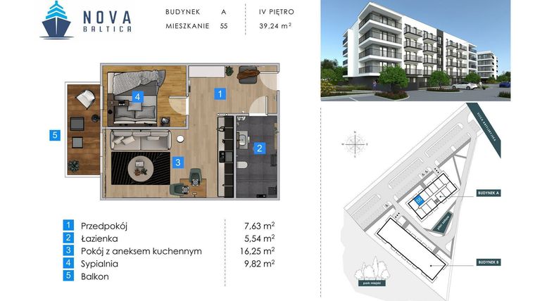 Rzut - Mieszkanie na sprzedaż 2 pokoje o powierzchni 39,24 m² - numer A55 w Nova Baltica Mieszkania Kołobrzeg