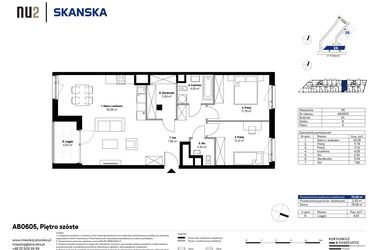 Rzut - Mieszkanie na sprzedaż 3 pokoje o powierzchni 75,86 m² - numer AB0605 w NU2 Warszawa Wola