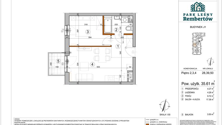 Rzut - Mieszkanie na sprzedaż 2 pokoje o powierzchni 35,61 m² - numer J1-50 w Park Leśny Rembertów etap VIII