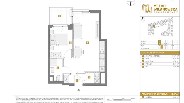 Rzut - Mieszkanie na sprzedaż 2 pokoje o powierzchni 40,87 m² - numer 15 w Apartamenty Metro Wilanowska