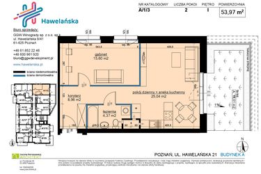 Rzut - Mieszkanie na sprzedaż 2 pokoje o powierzchni 54,06 m² - numer A/1/3 w Osiedle Hawelańska etap III - bud. A