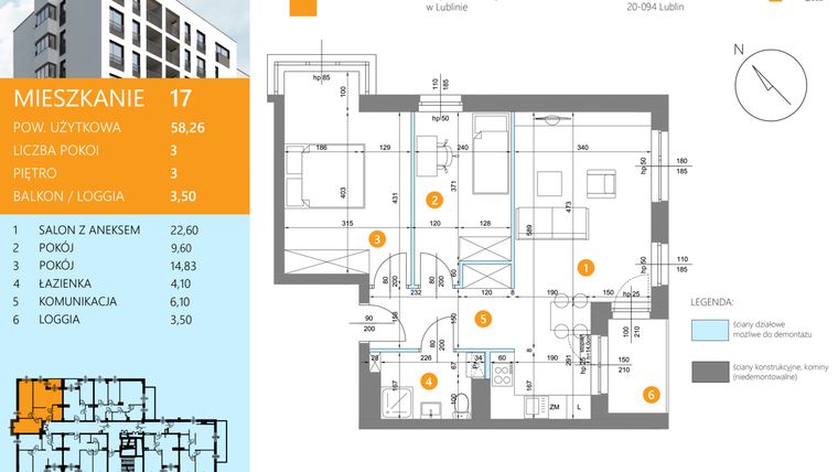 Rzut - Mieszkanie na sprzedaż 3 pokoje o powierzchni 58,26 m² - numer 17 w Głęboka 18
