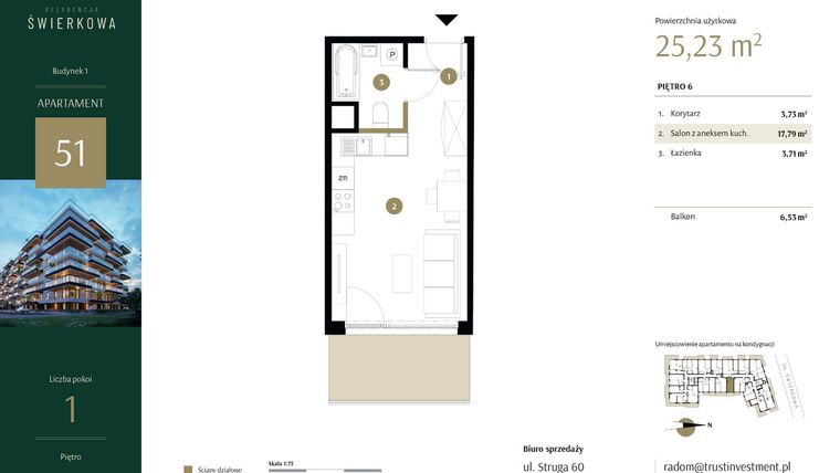 Rzut - Mieszkanie na sprzedaż 1 pokój o powierzchni 25,23 m² - numer 51 w Rezydencja Świerkowa