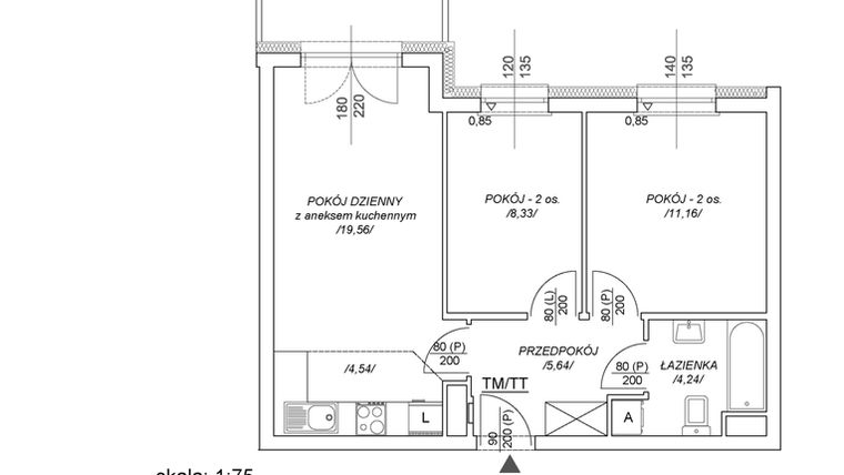 Rzut - Mieszkanie na sprzedaż 3 pokoje o powierzchni 48,93 m² - numer M12 w Osiedle Mała Dziesiąta etap II