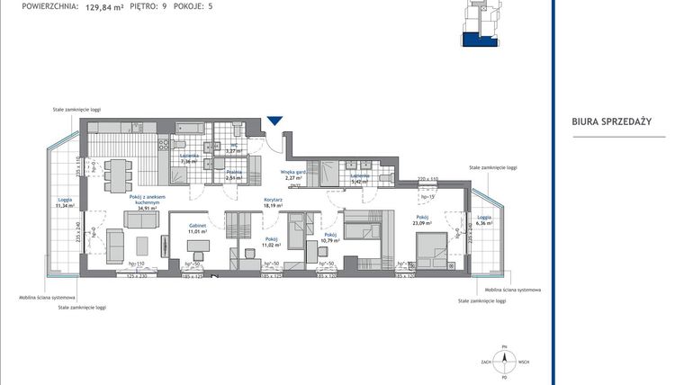 Rzut - Mieszkanie na sprzedaż 5 pokoi o powierzchni 129,84 m² - numer 9.3 w SEAHall