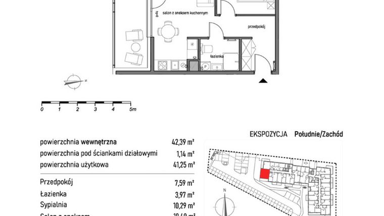Rzut - Mieszkanie na sprzedaż 2 pokoje o powierzchni 42,39 m² - numer 1.4.5. w Dywizjonu 303