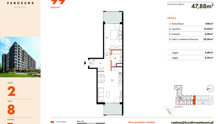 Rzut - Mieszkanie na sprzedaż 2 pokoje o powierzchni 48,79 m² - numer E99 w Panorama Struga