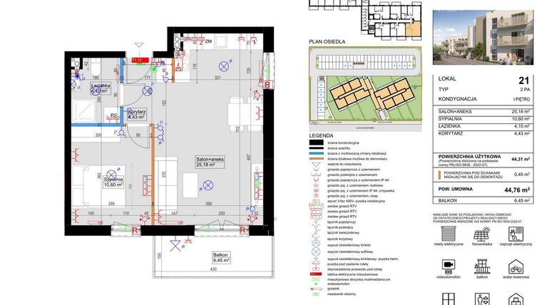 Rzut - Mieszkanie na sprzedaż 2 pokoje o powierzchni 44,31 m² - numer 21 w Harmony Antoninek